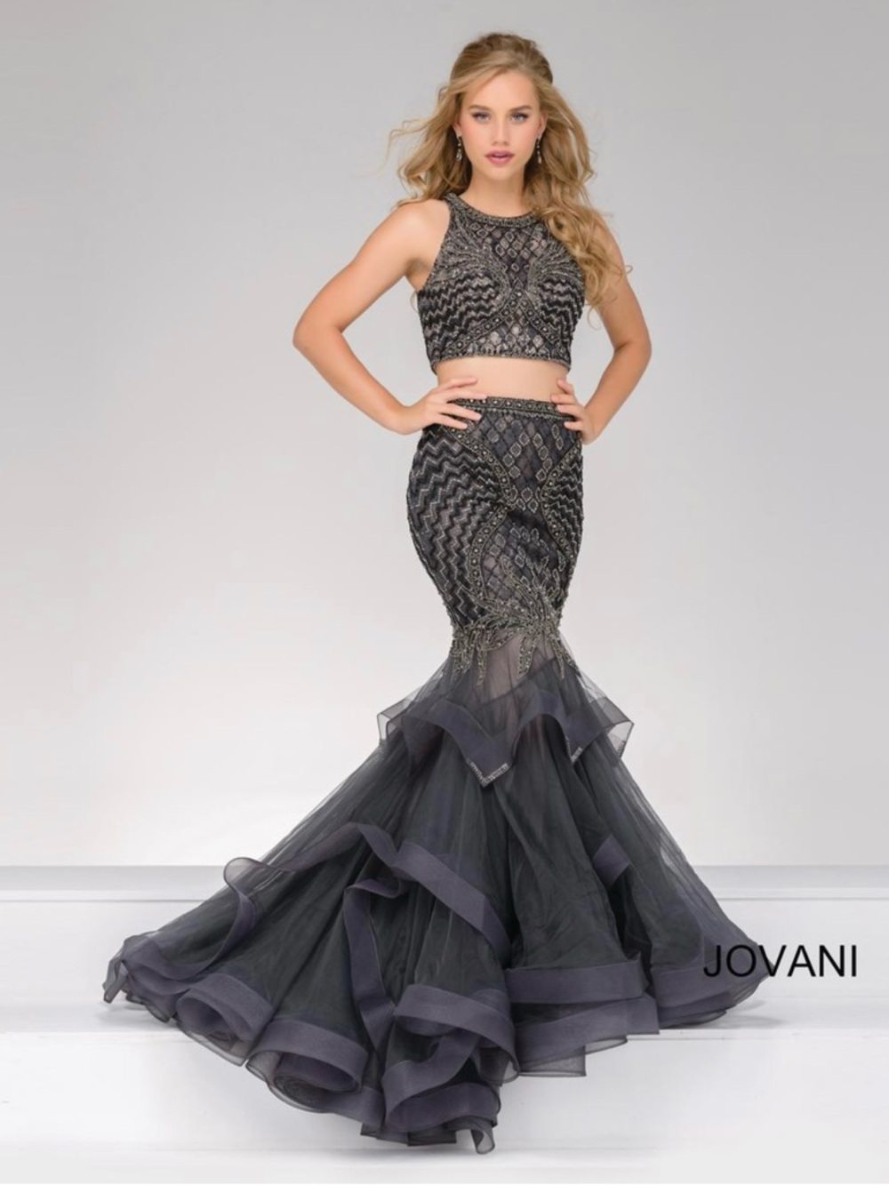 Jovani Black Beaded Two-Piece Mermaid Gown